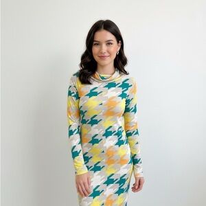 Vibrant Long Sleeve Houndstooth Dress